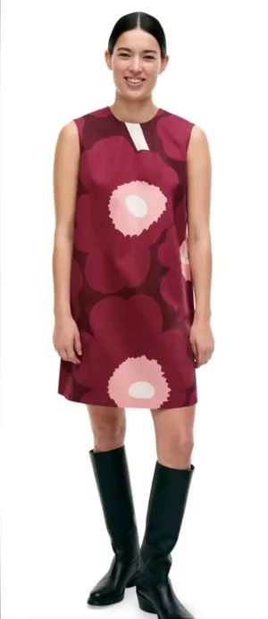 NWT Marimekko Siluetti Unikko Cotton Satin Dress side 34 is US 2 thumbnail 1