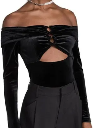 NWT REVOLVE by Glamorous Black Velvet Off-Shoulder Bodysuit thumbnail 1