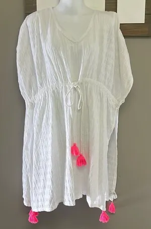 aerie White Striped Oversized Drawstring Beach/Pool V-Neck Coverup w/ Slits-XS-S thumbnail 1