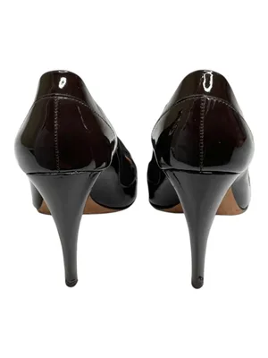 BCBG MaxAzria 𑁍 Shiny Patent Leather + Satin Pumps Carved Heels 𑁍 Cocoa 8.5 𑁍 thumbnail 4