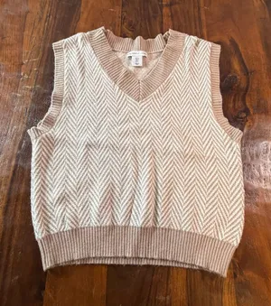 Sincerely Jules Tan Herringbone V-Neck Sweater Vest ST20130 Small thumbnail 1