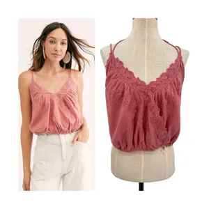 Free People Another Day In Paradise Tank Embroidered Halter Crop Pink Small thumbnail 2