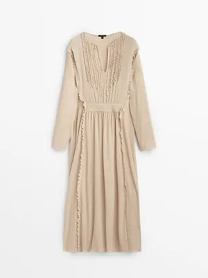 Massimo Dutti Beige Textured Long-Sleeve Midi Dress Ruffle & V-Neckline Size M thumbnail 2