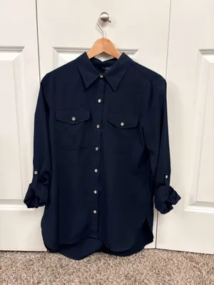 Tommy Hilfiger Women's Core Shirting Navy Button-Down Long Sleeve Blouse thumbnail 7