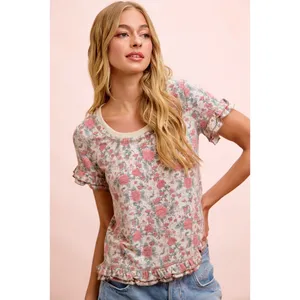 BiBi Rose‎ Printed Slub Knit Ruffled Sleeves Top thumbnail 8