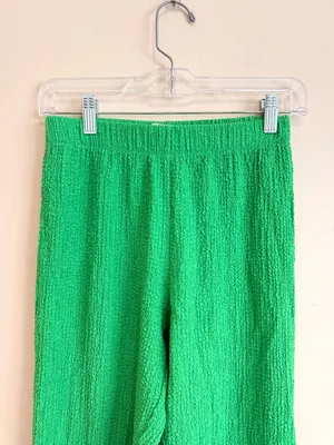 Zara Bright Green Stretch Textured High Rise Pull On Flare Pants Size Small thumbnail 3