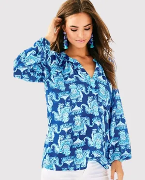 Lilly Pulitzer Womens Top Blue Martinique Elephant V Neck Blouse Casual Medium thumbnail 1