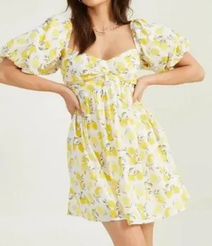NWT Trixxi Yellow and White Lemon Tiered Puff Sleeve Mini Dress thumbnail 1