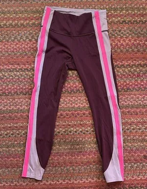 ATHLETA MAROON PINK STRIPE CRUNCH 7/8 TIGHTS thumbnail 1