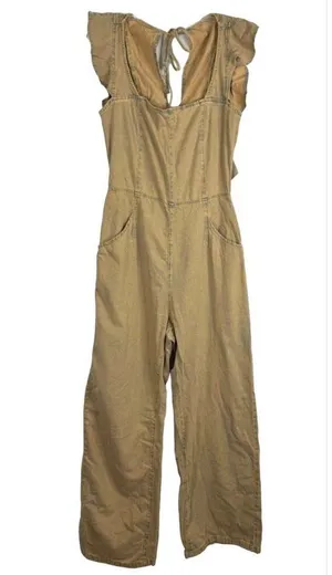 NEW Free People Women’s Size Small Brown Love Bite Back Tie Denim Jumpsuit thumbnail 1