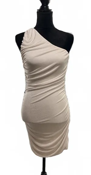 One Shoulder Ruched Bodycon Dress Champagne Beige Mini Cocktail Party Sz Large thumbnail 1