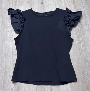 By Anthropologie Black Ribbed Knit‎ Ruffle Cap Sleeve Crew Neck Top Medium M thumbnail 1