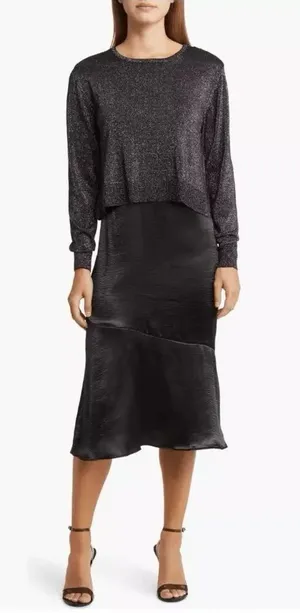 Sam Edelman Satin Slipdress Metallic Sparkle Boat Neck Sweater Black 14 thumbnail 1