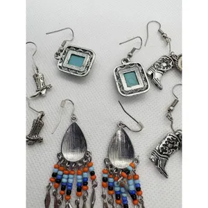 Southwest Western Earrings Lot‎ of 4 Silver Tone Turquoise Cowboy Fringe Dangle thumbnail 7