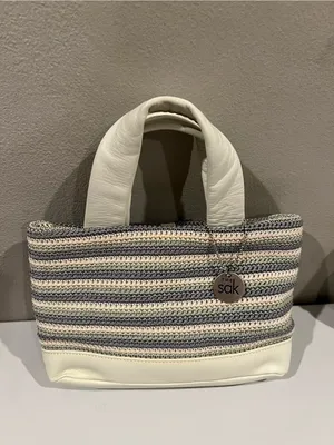 The Sak White Gray Seafoam Striped Crochet Tote Bag Leather Trim Mini Tote Purse thumbnail 13