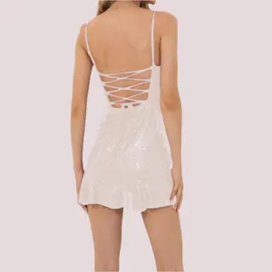 NWOT White Sequin Spaghetti Strap Lace Up Ruffle Hem Bodycon‎ Dress - M thumbnail 3
