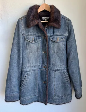 MARVIN RICHARDS Vtg 90s Faux Fur Lined Denim Penny Lane Jean Coat Womens Medium thumbnail 1