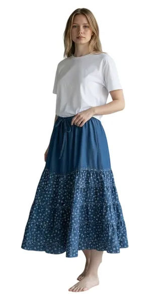 NWT EASEL Women’s Boho Blue Chambray Floral Print Tiered Maxi Skirt thumbnail 1