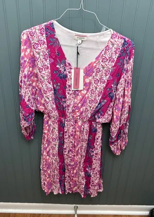 Andree by‎ Unit Pink Floral Patchwork V-Neck Boho Mini Dress Small NWT thumbnail 1