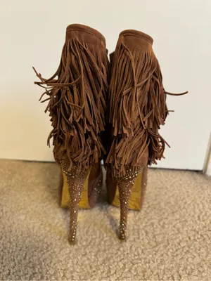 Alba Brown Camel Suede Fringe Boots Gold Studded Platform Stiletto Heel Size 7.5 thumbnail 5