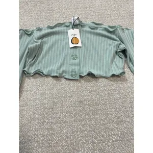 Ribbed Off-Shoulder Button Crop Top in Sage Green Size S Shell 91% Tencel thumbnail 3