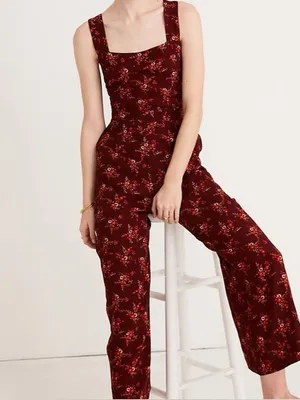 Madewell Apron Bowback Jumpsuit Red Floral Wide Leg Open Back Size 2 thumbnail 2