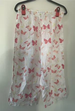 100% Cotton White Pink Butterfly Print Wide Leg Pajama Pants Medium Cottagecore thumbnail 1