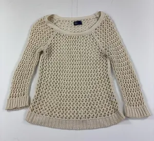 American Eagle Womens M Cream Open Knit Crochet Sweater Ramie Fish Net Boho thumbnail 1