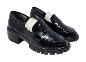 Crown Vintage Black Faux Leather Slip On Sage Chunky Penny Loafers Size 7.5M thumbnail 1