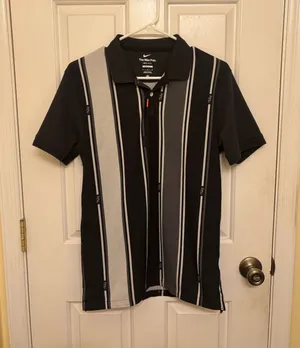 Nike Men’s Casual Black & Gray Striped 90s Style Vintage Polo Shirt thumbnail 1