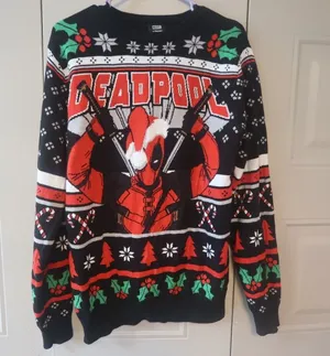 Primark deadpool ugly Christmas sweater in black, red and white size medium. thumbnail 1