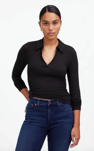 Madewell Side Cinch Long Sleeve Polo Top Stretch Jersey Knit Black XXS NWT thumbnail 1