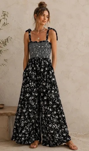 Free People M Black Floral Color My World Wide Leg Jumpsuit Anthropologie Boho thumbnail 1