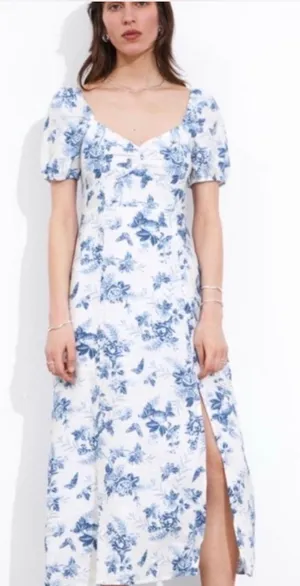 & Other Stories Blue White Floral Toile Linen Puff Sleeve Midi Dress Size 6 thumbnail 1