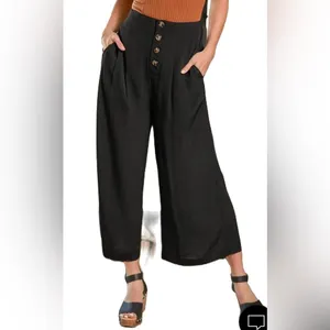 Lulu's Stroll on Over Black Button-Front Wide Leg Pants Size M thumbnail 2