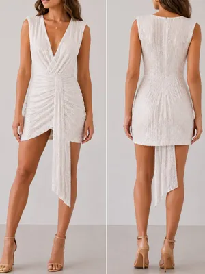 Peace + Love White Sequin Wrap Bridal Bachelorette Cocktail V-Neck Mini Dress thumbnail 11