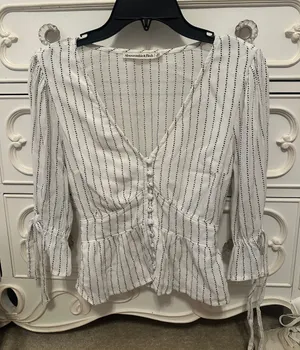 Abercrombie & Fitch White Blouse with Navy Pinstripes and Peplum Hem thumbnail 1