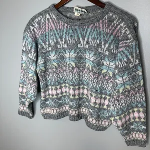 Vintage fair isle gray nordic thick sweater neutral pullover lodge medium chunky thumbnail 4