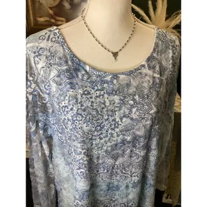 Cal Style Womens XL Blue White Mandala Paisley Lace Rhinestone Tunic Top USA‎ thumbnail 2