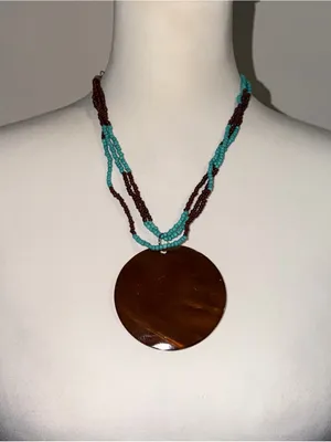 2000s vintage style whimsical bohemian brown & teal bedead necklace w earrings thumbnail 2