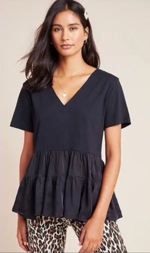 Maeve Anthropologie Louisa Tiered Tee V Neck‎ Black Peplum thumbnail 1