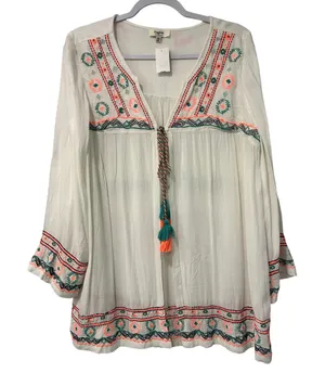Hayden Los Angeles Open Top Cord Tie Front Embroided Gauze Cover Up XL thumbnail 1