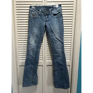 Miss Me Easy Boot Denim Jeans‎ Embroidered/Gems Med Wash Logo Size 26 Low Rise thumbnail 11