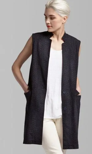 Eileen Fisher Black Rainfall Organic Cotton Textured Double Button Long Vest thumbnail 1