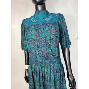 Vintage Phool Paisley Midi‎ Dress Teal Purple Mock Neck Short Sleeve India M thumbnail 2
