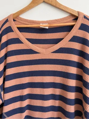 Aerie Wow Waffle Henley Long Sleeve Striped Top Size Medium Navy Tan Shirt thumbnail 3