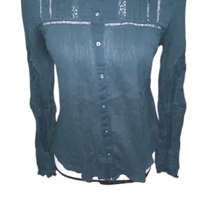 Free People Emma Eyelet Lace Long Sleeve Button Down Shirt Green Cotton Boho thumbnail 4