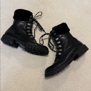 Black Fur Trim Combat Laced Boots thumbnail 3