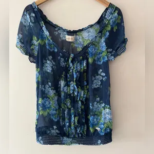 Abercrombie & Fitch Blue Floral Y2K Ruffle Babydoll‎ Top thumbnail 2