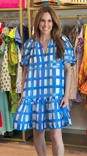 Marie Oliver greta mini dress gingham plaid amalfi silk linen raglan puff sleeve thumbnail 1